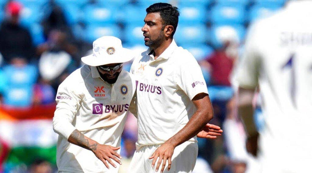On the opening day of the first cricket test match between India and Australia in Nagpur, India, on Thursday, February 9, 2023, India's Ravichandran Ashwin, right, and teammate Ravindra Jadeja, celebrate the wicket of Australia's Pat Cummins.